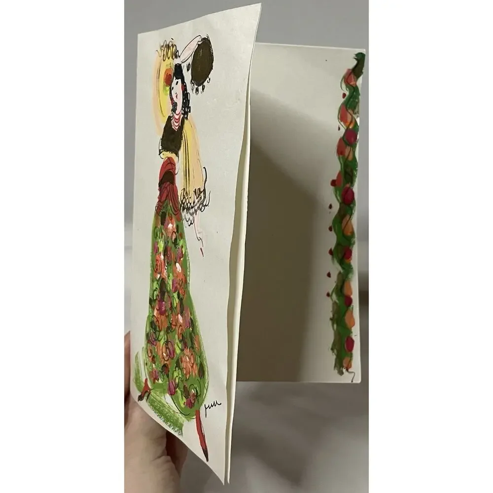 VTG Hand Painted Greeting Card w Envelope Mid Century Woman Floral Dress OOAK